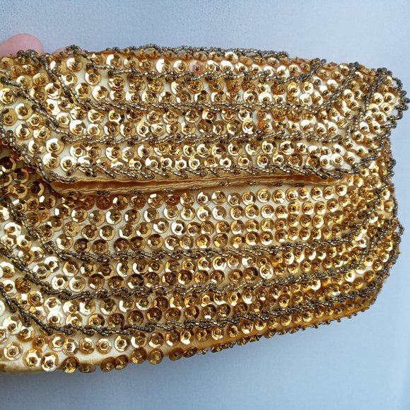 Vintage Yellow Gold Beaded Sequined Evening Accessory Clutch/Handbag/Purse - Picture 10 of 13